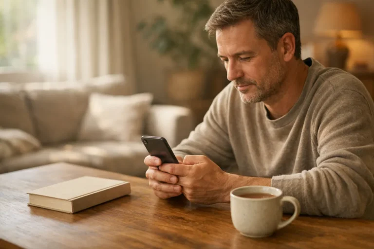 Person schaut an einem Holztisch auf ein iPhone, daneben liegen ein Buch und eine Tasse Tee.