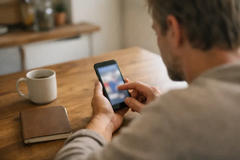 Person am Küchentisch, die einen Kommentar auf einem Telefon betrachtet.