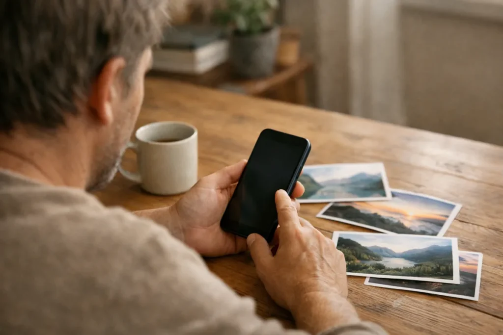 Person betrachtet an einem Tisch ein Smartphone mit einigen ausgedruckten Fotos daneben.