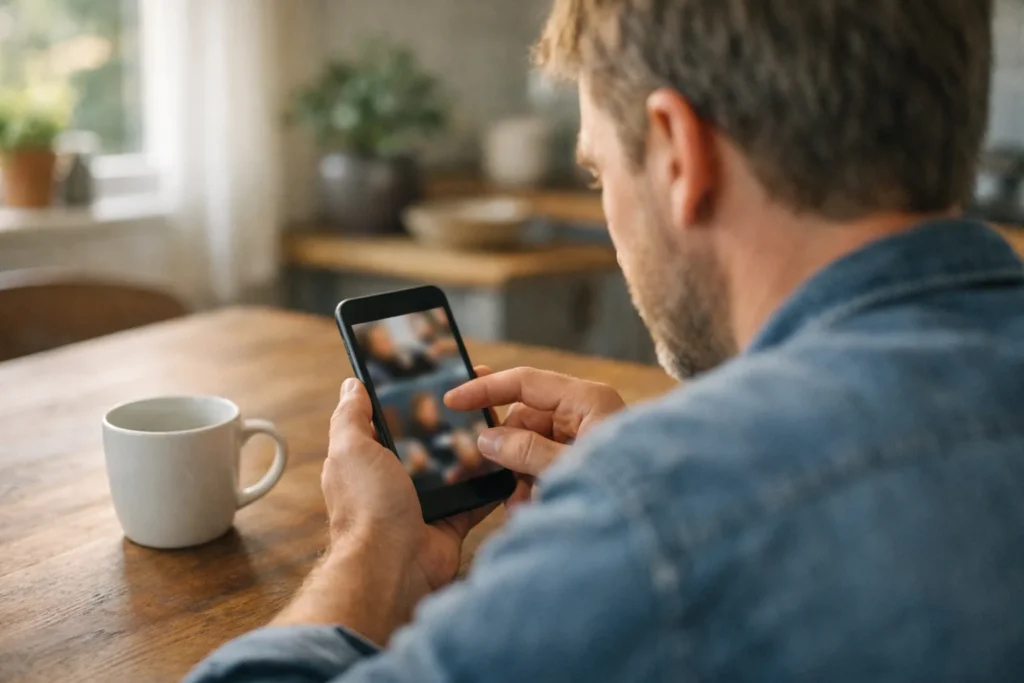 Eine Person betrachtet alte Videos auf einem Smartphone am Küchentisch.