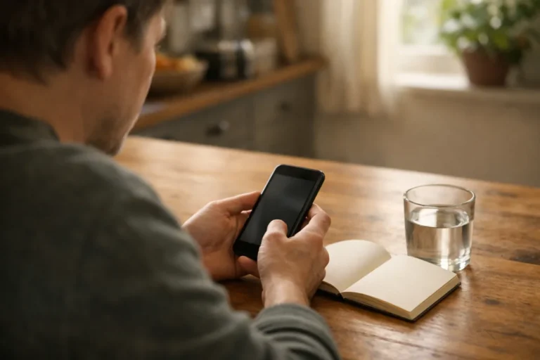 Person betrachtet am Küchentisch ein Smartphone, daneben liegt ein Notizbuch.
