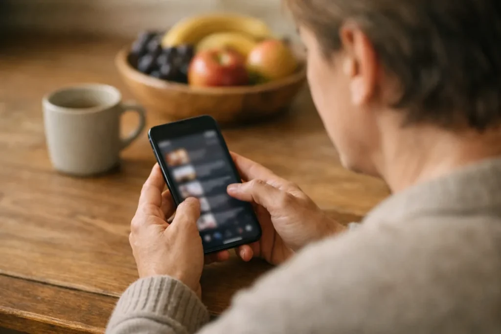 Person am Küchentisch, die gespeicherte Videos auf einem Smartphone ansieht.