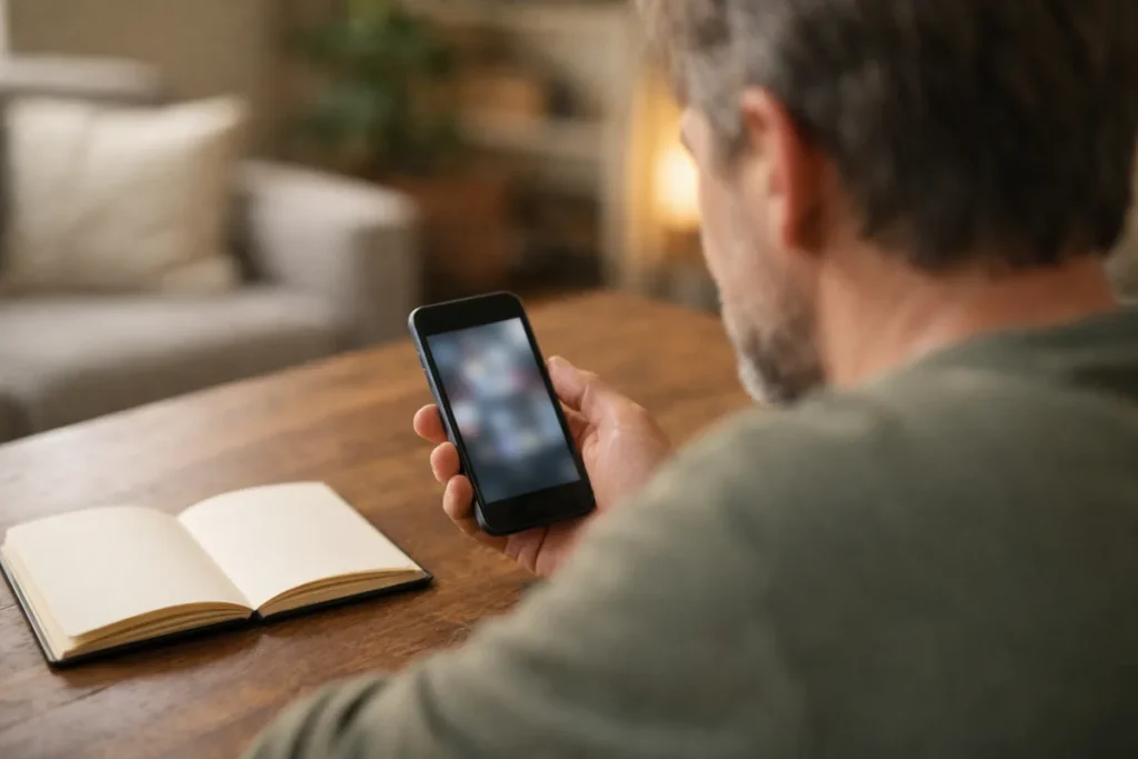 Person, die zu Hause auf einem Smartphone prüft, welche Instagram Highlights entfernt werden können
