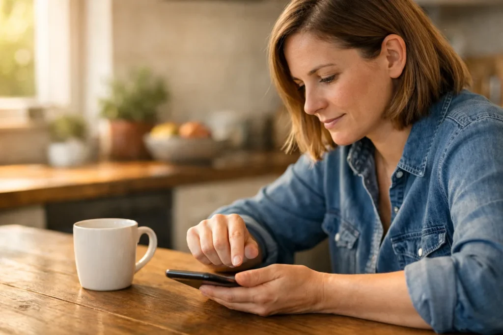 Person an einem hölzernen Küchentisch, die aufmerksam auf ein Smartphone schaut.