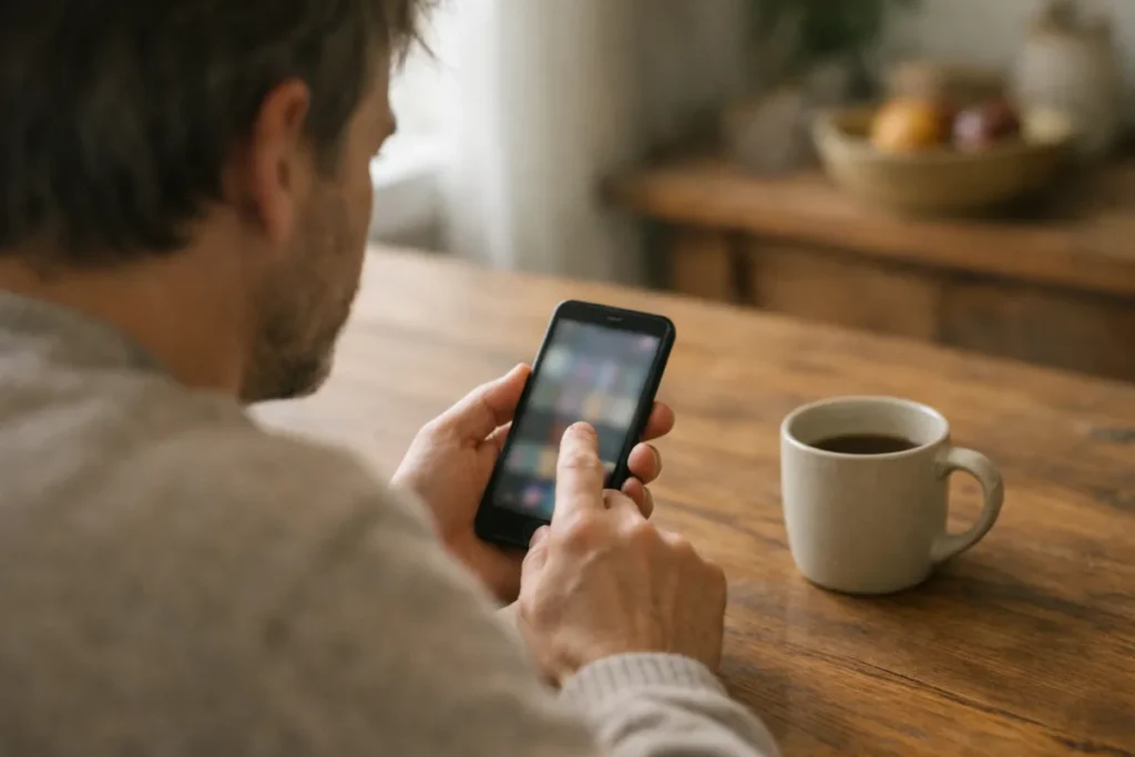 Person an einem Küchentisch, die eine Nachricht auf einem Smartphone betrachtet.