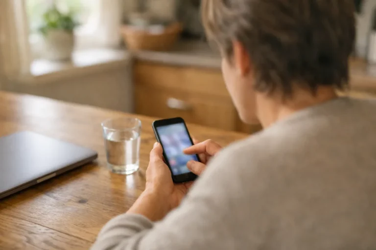 Person betrachtet an einem Küchentisch ein Smartphone mit einem Notebook daneben.