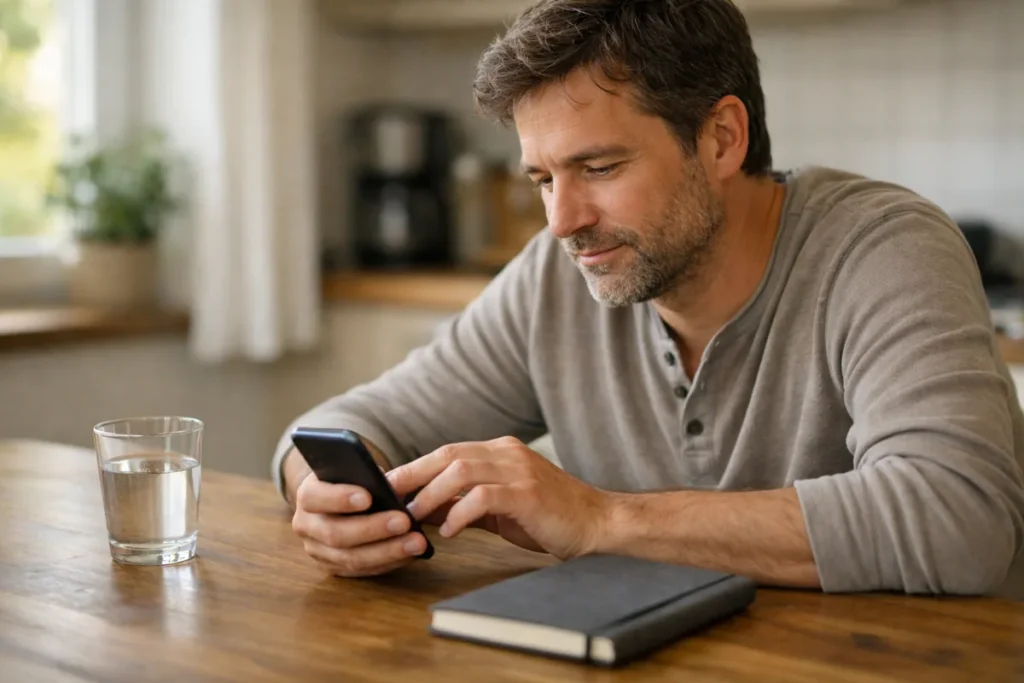 Person am Küchentisch, die eine Unterhaltung auf einem Smartphone betrachtet.