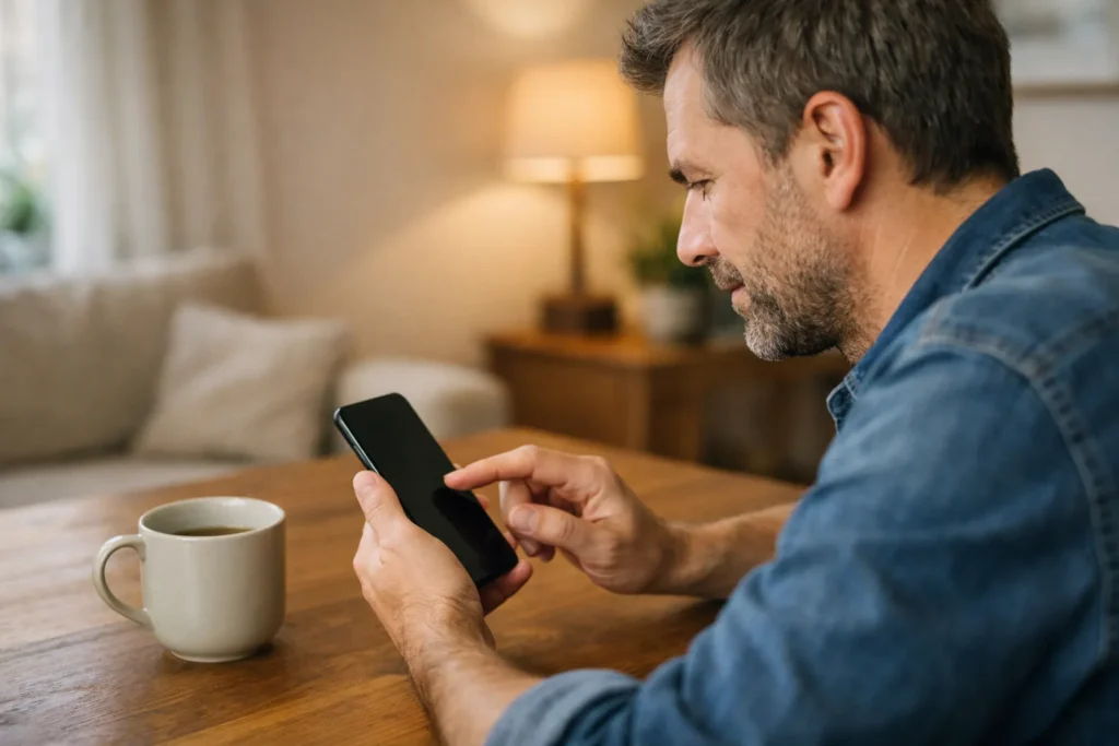 Person betrachtet an einem Tisch ein Smartphone, um den Facebook Wiedergabeverlauf zu verwalten.
