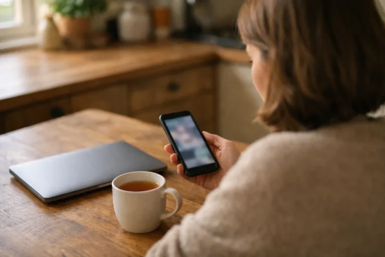 Eine Person betrachtet am Küchentisch ein Smartphone, bevor das TikTok Konto gelöscht wird.