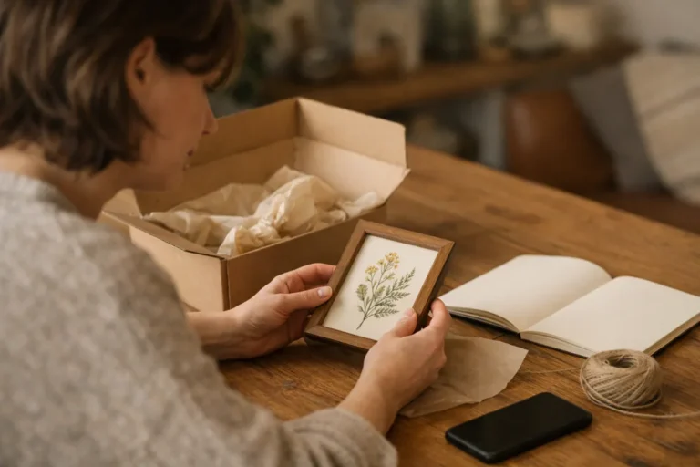 Person bereitet eine gerahmte Illustration und Verpackung als Preis für ein Instagram Gewinnspiel vor.