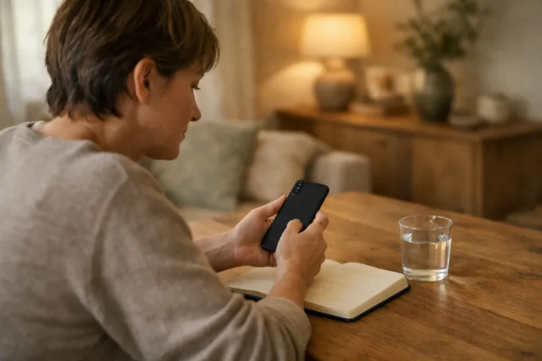 Person betrachtet ein Smartphone an einem Tisch in einem ruhigen Wohnzimmer.