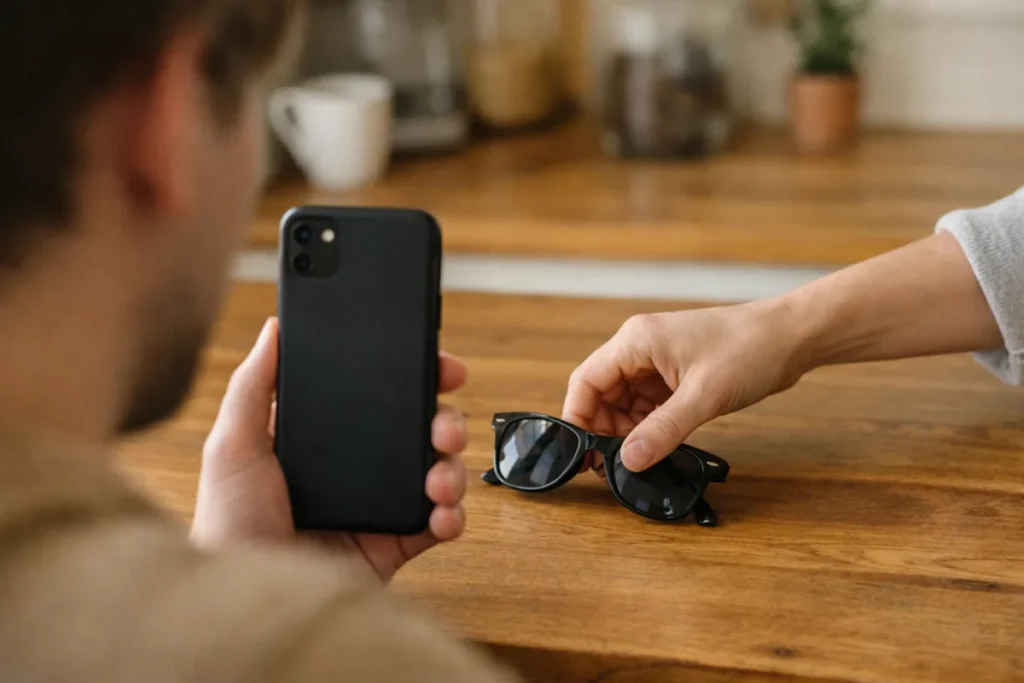 Jemand filmt mit einem Smartphone, wie eine Sonnenbrille für einen Boomerang hochgehoben wird.