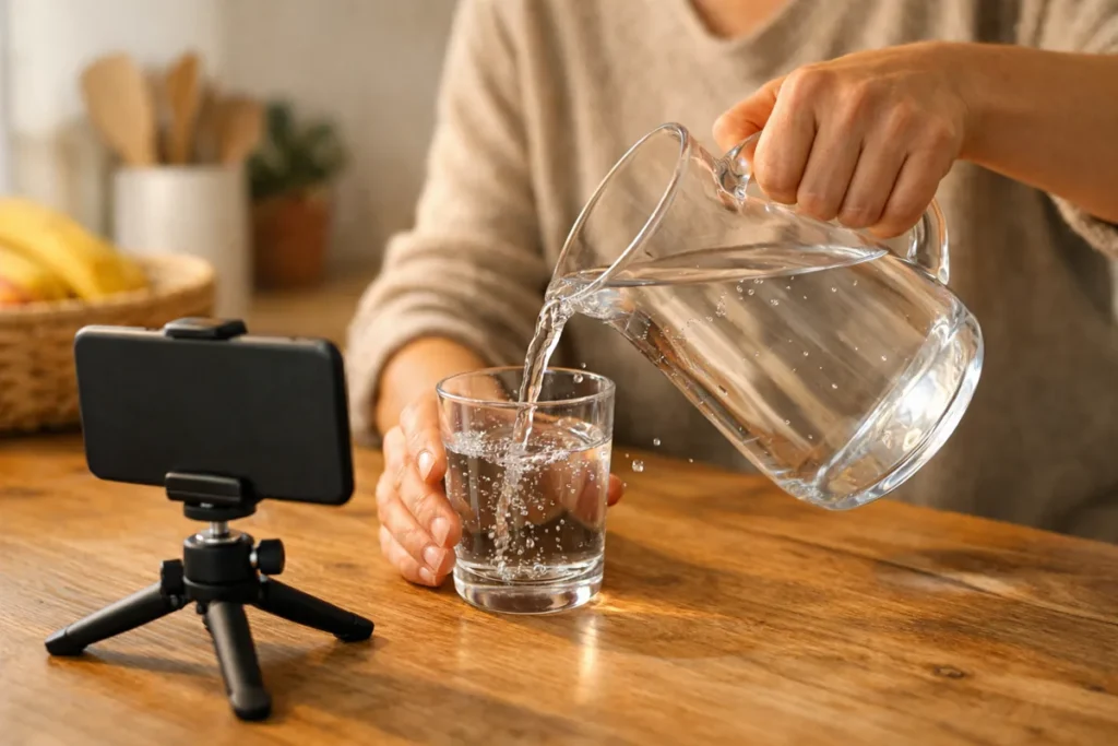 Jemand filmt mit einem Telefon, wie Wasser in ein Glas gegossen wird, um die Bewegung später zu verlangsamen.