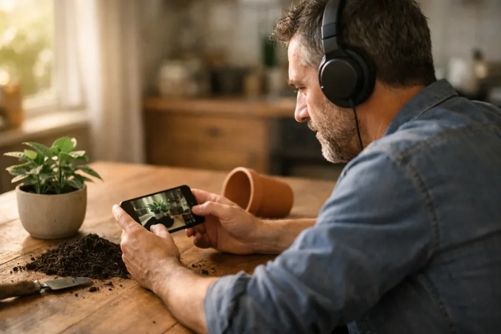 Person hört an einem Tisch mit einer Pflanze und Blumenerde ein Video auf einem Smartphone an.