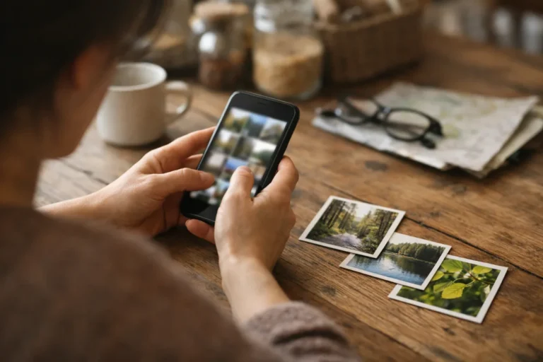 Person wählt auf einem Smartphone Fotos von einem Spaziergang für ein TikTok Fotokarussell aus.