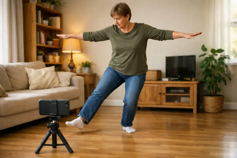 Person übt zu Hause einen Tanzschritt vor einem Smartphone auf einem Stativ.