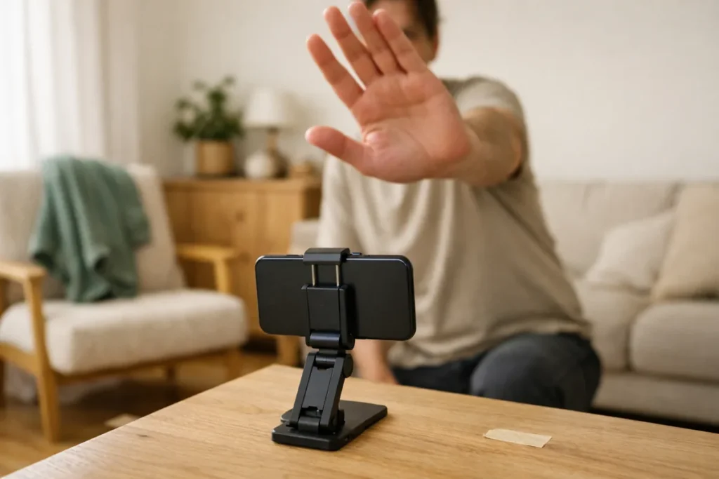 Person, die zu Hause einen TikTok Übergang mit einer Hand vor der Kamera und einem zweiten Pullover auf einem Stuhl übt.