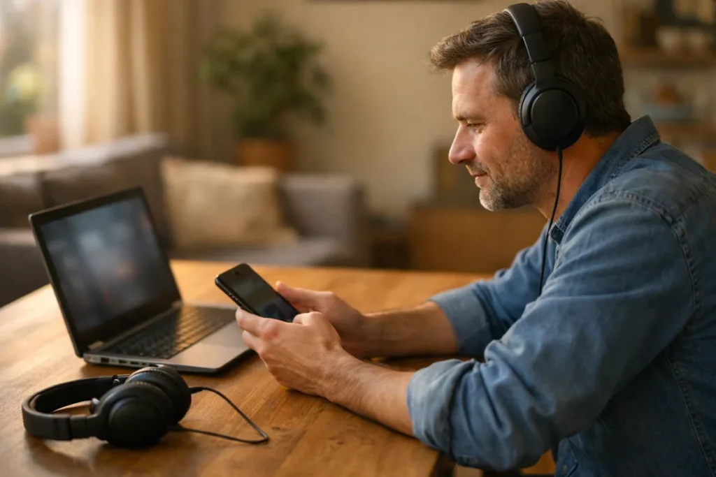 Person hört mit Kopfhörern an einem Tisch eine Aufnahme mit Telefon und Laptop.