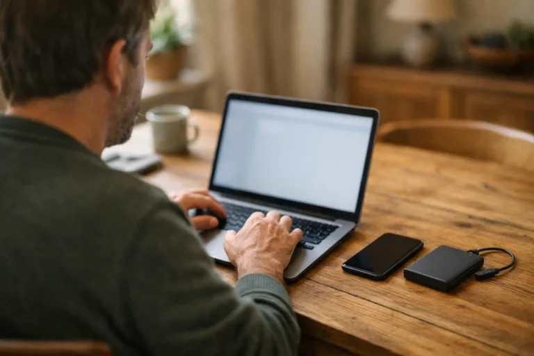 Person betrachtet am Esstisch einen Laptop mit einem Smartphone und einer externen Festplatte daneben.
