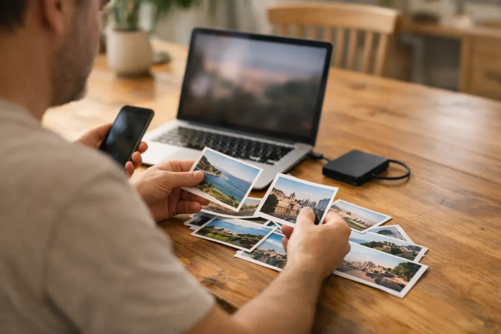 Person sichert eigene Fotos an einem Tisch mit Handy, Laptop und externer Festplatte.