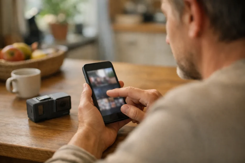 Person betrachtet ein kurzes Video auf einem Smartphone am Küchentisch.