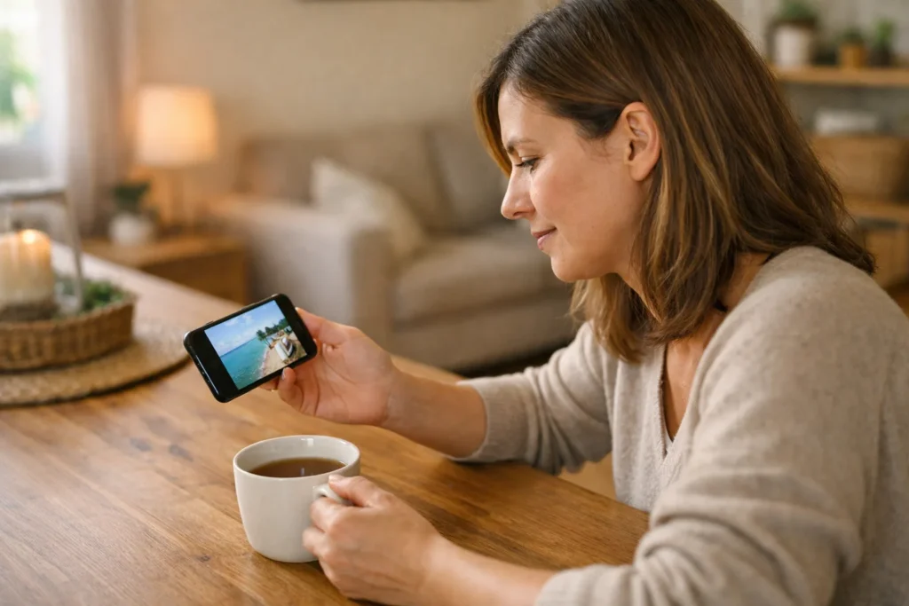 Person betrachtet am Küchentisch ein Smartphone, um eine eigene Instagram Story zu speichern.