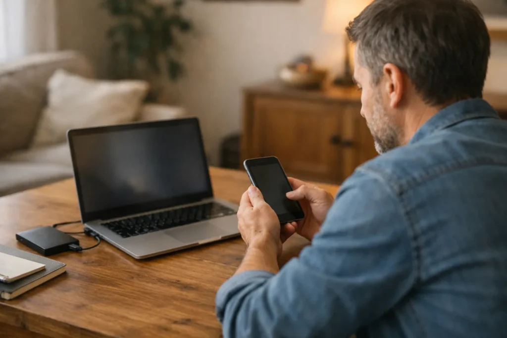 Person betrachtet ein Smartphone neben einem Laptop, um ein persönliches Video zu speichern.