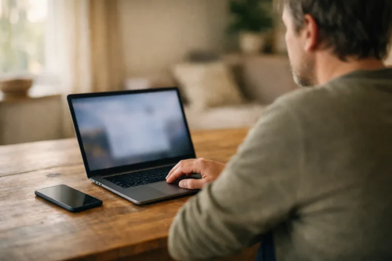 Person verwendet einen Laptop an einem Holztisch mit einem Telefon daneben.