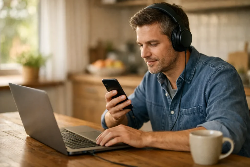 Jemand hört mit Kopfhörern Sound auf einem Telefon neben einem geöffneten Laptop.