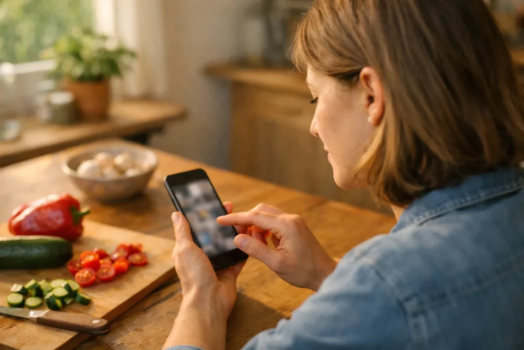 Person betrachtet am Küchentisch ein Smartphone, um ein Rezeptvideo zu speichern.