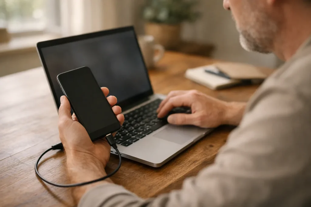 Person verbindet ein Smartphone mit einem Laptop, um ein gespeichertes Video zu übertragen.