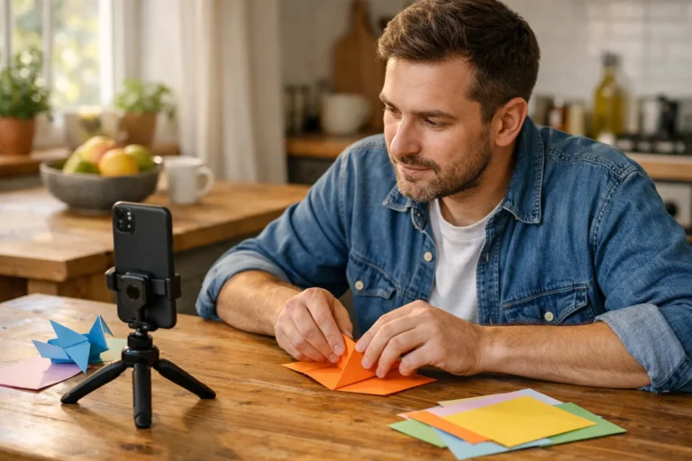 Jemand faltet Papier vor einem Smartphone während der Aufnahme eines TikTok Duetts.