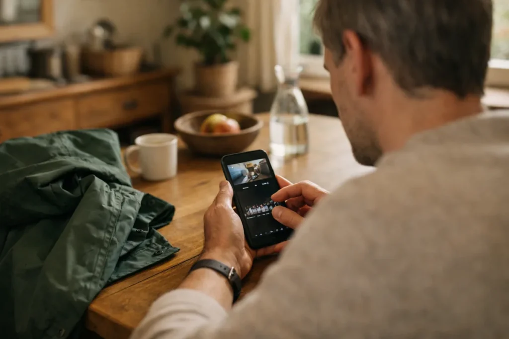 Person betrachtet an einem Küchentisch auf einem Smartphone ein Entwurfsvideo, daneben liegt eine Regenjacke auf dem Stuhl.