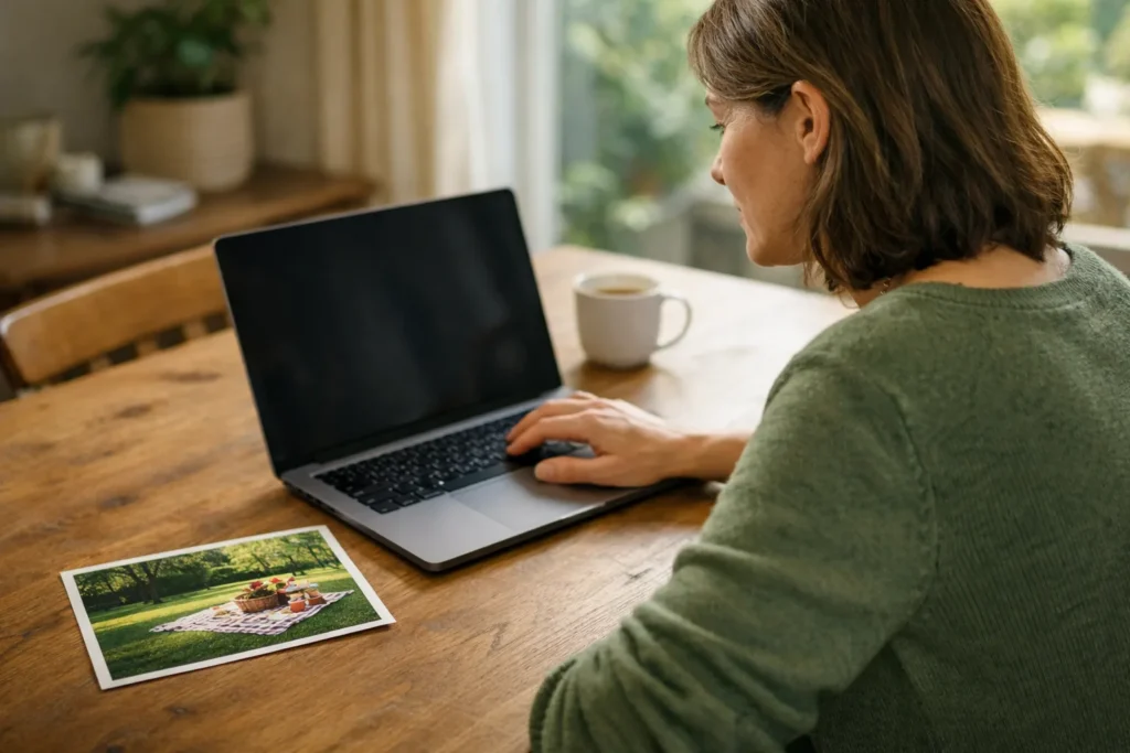 Person, die zu Hause auf einem Laptop einen geplanten Beitrag anpasst, mit einem Foto neben dem Laptop.