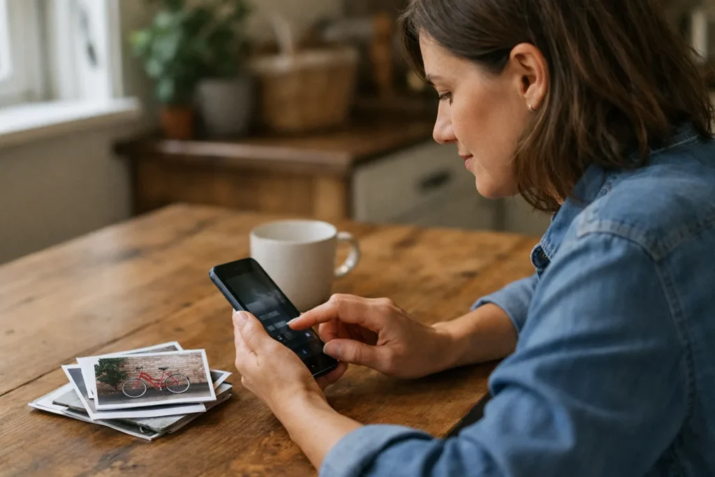 Eine Person sitzt am Küchentisch und passt einen Beitrag auf einem Smartphone an.