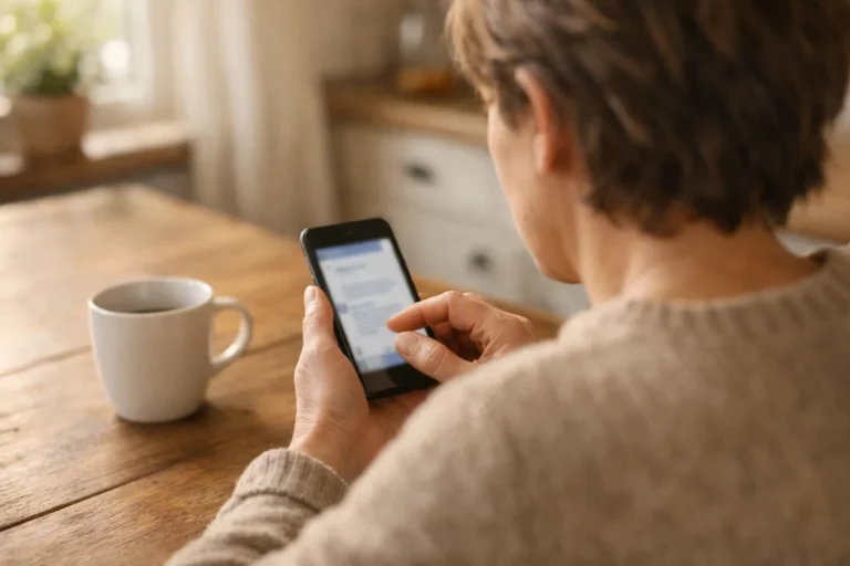 Person an einem Küchentisch, die einen Kommentar auf einem Smartphone überprüft.
