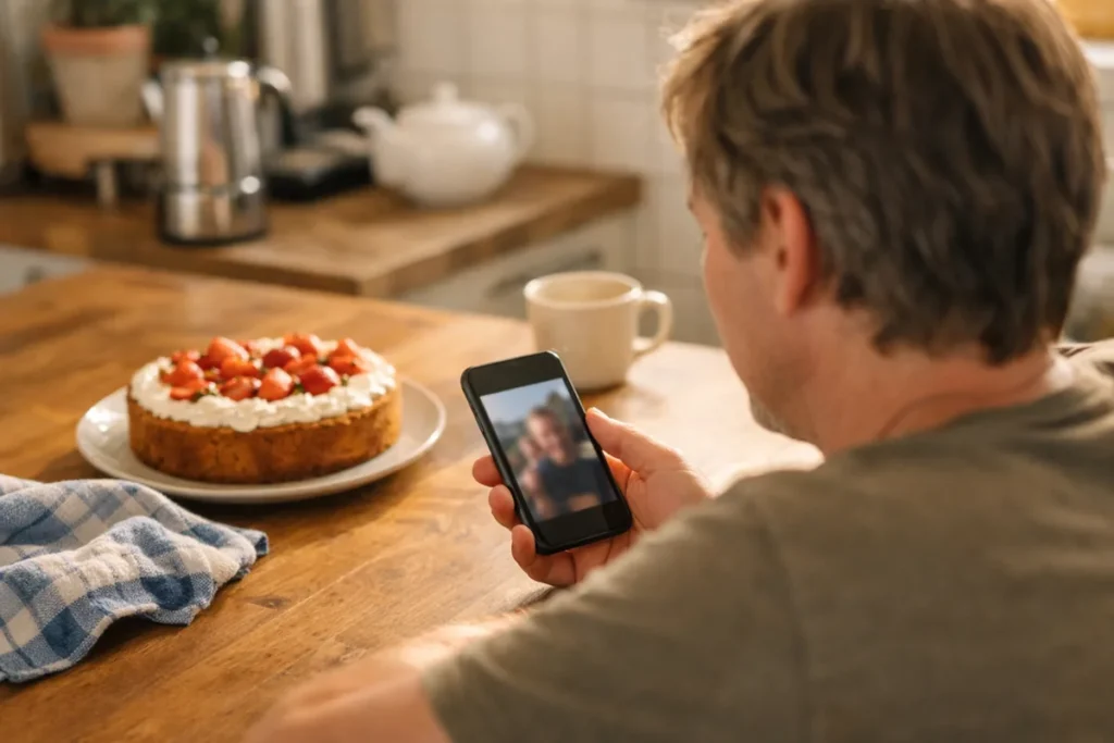 Person betrachtet ein Foto auf einem Smartphone am Küchentisch, daneben ein selbst gebackener Kuchen.