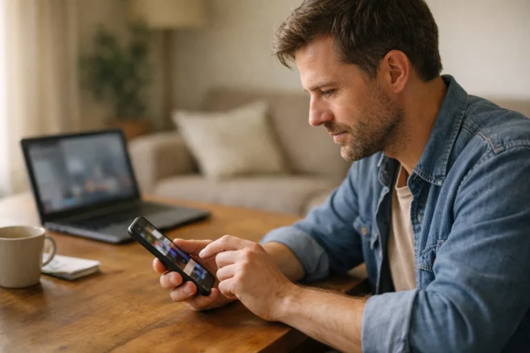 Jemand überprüft ein gepostetes Video auf einem Smartphone an einem Holztisch.