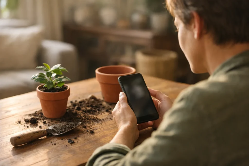 Jemand betrachtet ein Smartphone neben einer frisch umgetopften Pflanze, um ein Cover für ein TikTok Video auszuwählen.
