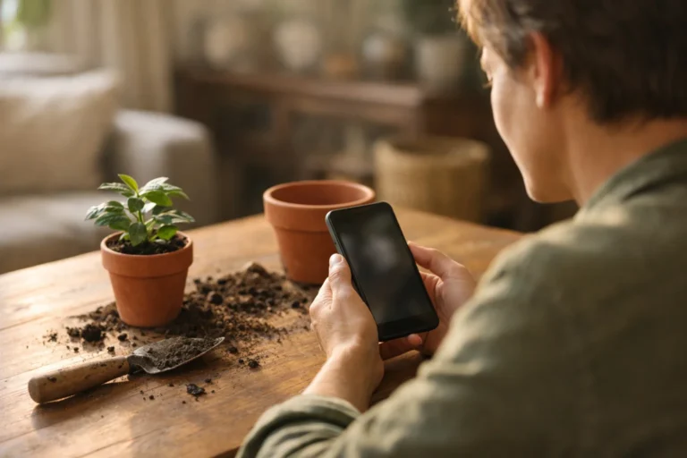 Jemand betrachtet ein Smartphone neben einer frisch umgetopften Pflanze, um ein Cover für ein TikTok Video auszuwählen.