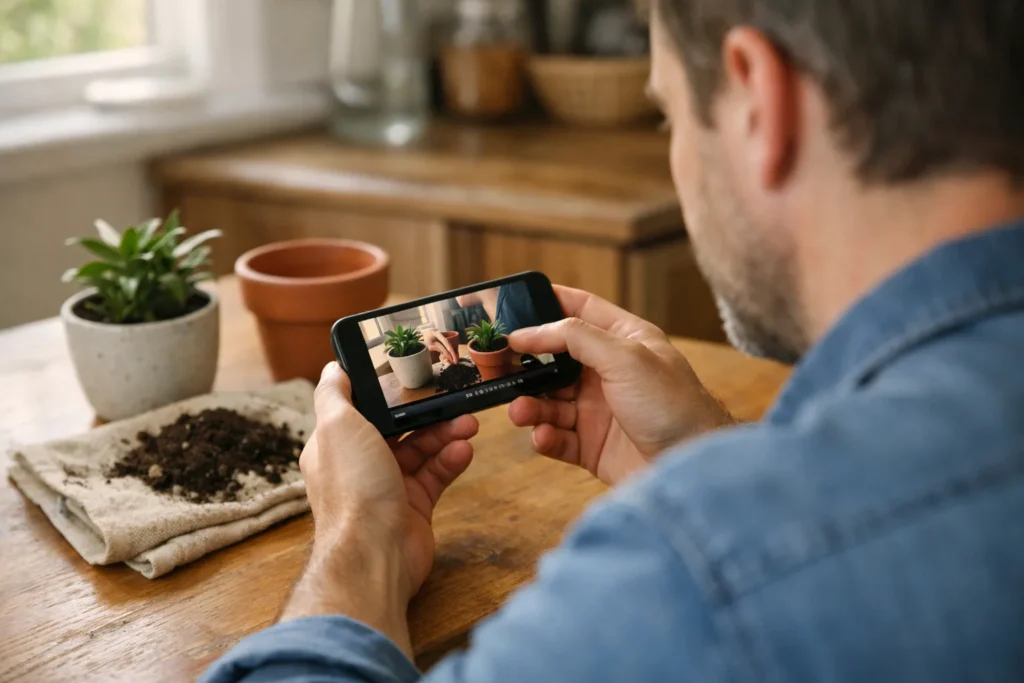Person betrachtet an einem Küchentisch mit einer Pflanze und einem Blumentopf ein Video auf dem Smartphone.