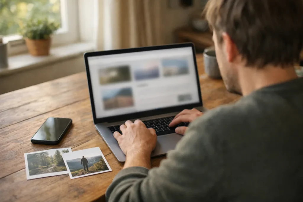 Person arbeitet an einer Website auf einem Laptop mit eigenen Wanderfotos auf dem Tisch.
