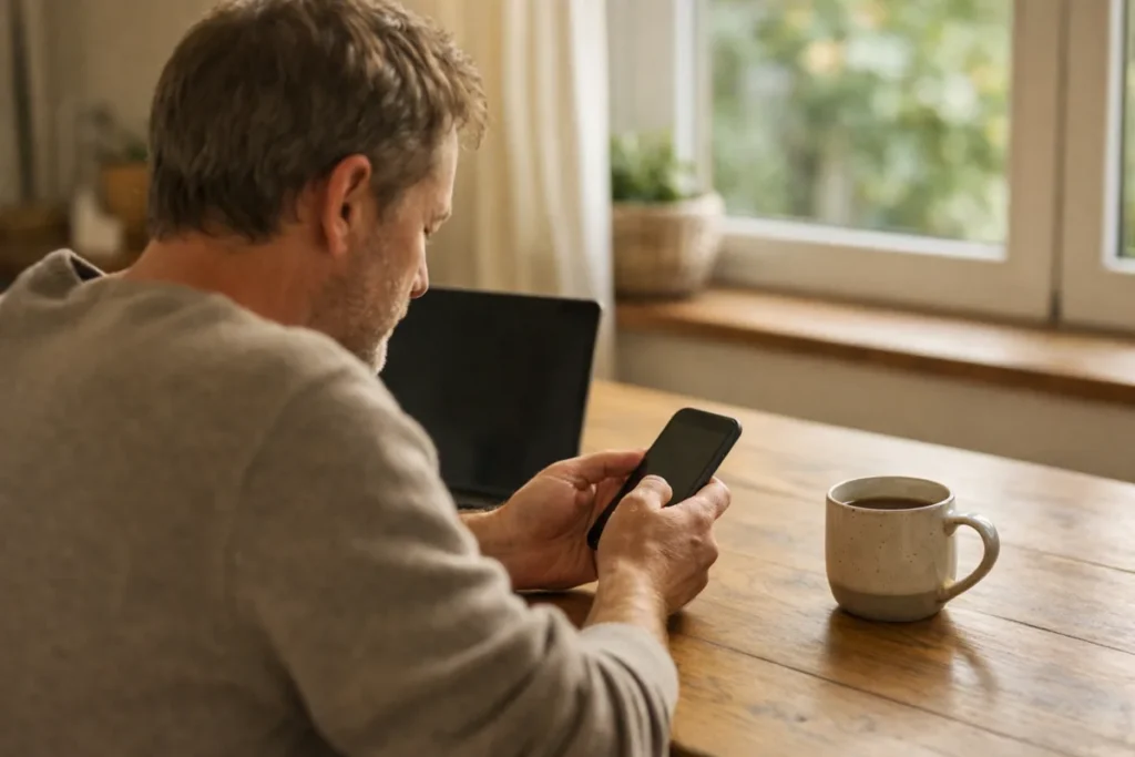 Person, die zu Hause mit einem Smartphone und Laptop die eigenen Kontodaten überprüft.