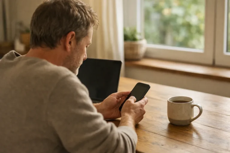 Person, die zu Hause mit einem Smartphone und Laptop die eigenen Kontodaten überprüft.