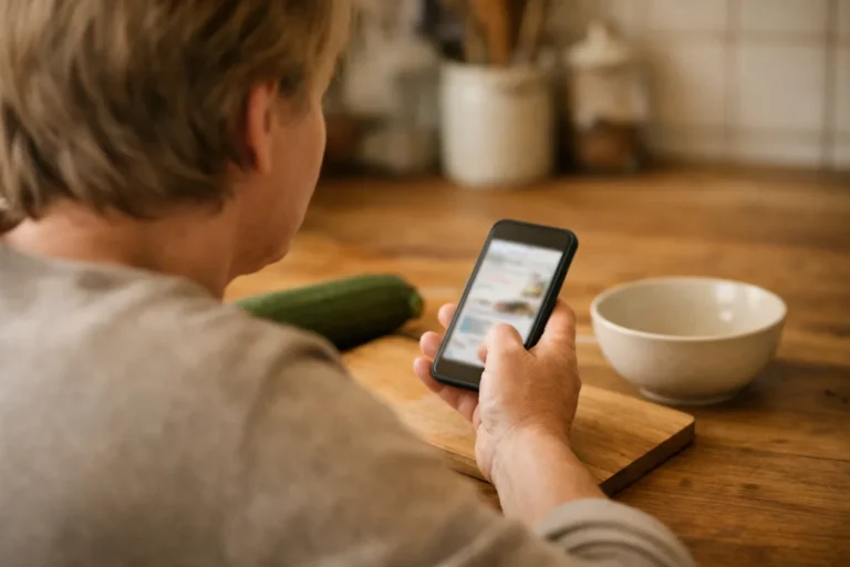 Eine Person sucht am Küchentisch auf einem Smartphone nach einem gespeicherten Rezept.