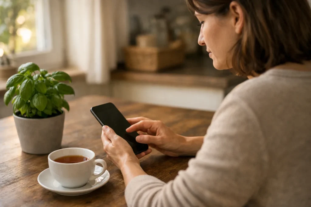 Person sucht am Küchentisch auf einem Smartphone nach einem zuvor gelikten Reel.