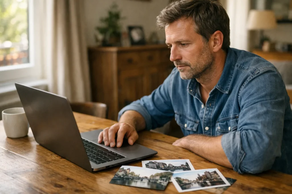 Person sucht zu Hause auf einem Laptop nach einem alten Beitrag, neben sich Urlaubsfotos.