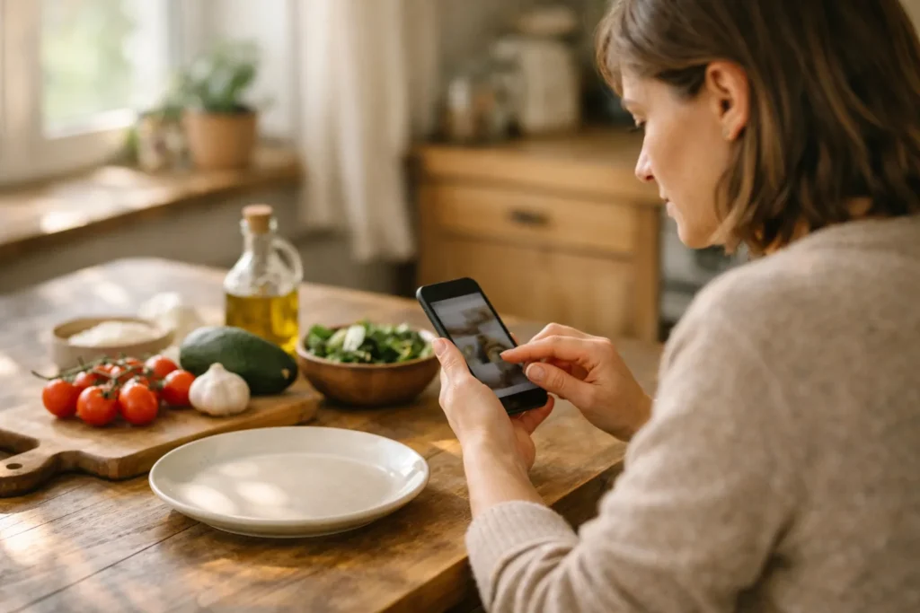 Person sucht am Küchentisch auf einem Smartphone nach einem gespeicherten Rezept.