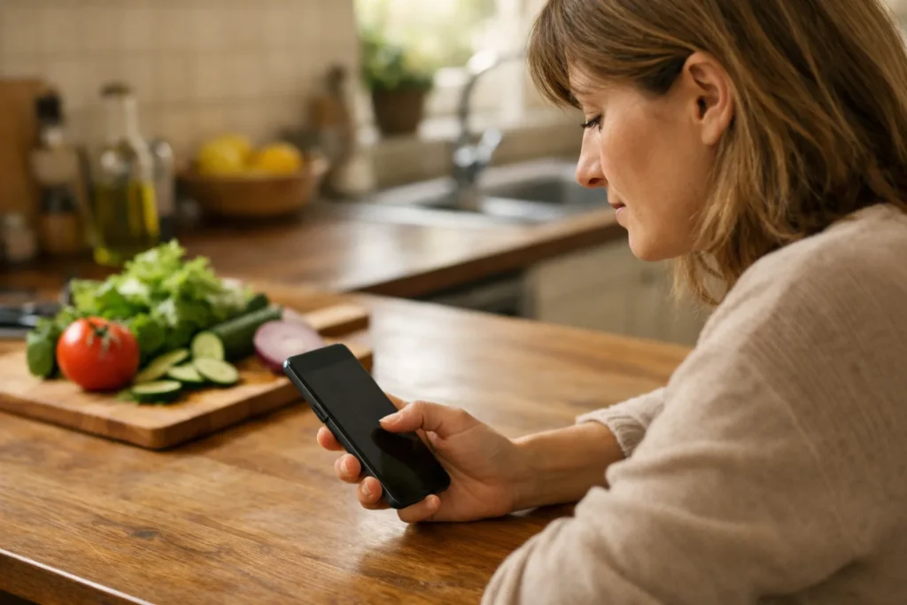Eine Person sucht am Küchentisch auf einem Smartphone nach einem gespeicherten Rezeptvideo.