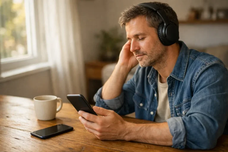 Person an einem Holztisch, die aufmerksam ein Lied auf einem Smartphone anhört.